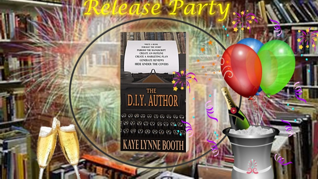 A room with book shelves and books stacked in background. Print copy of The D.I.Y. Author, champagne on ice and two glasses of champagne and balloons in foreground.
Text: Release Party