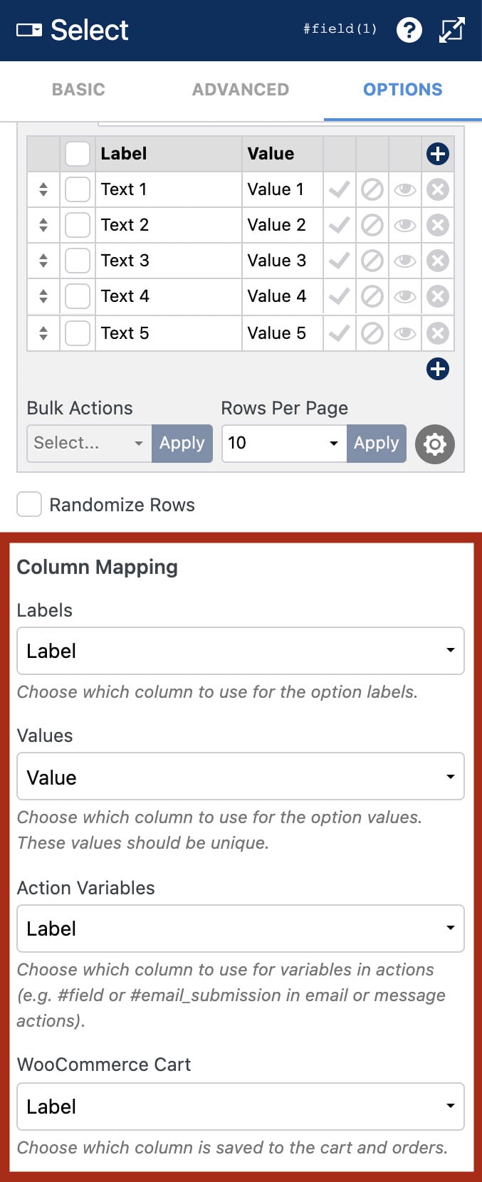 WS Form - Data Grid - Column Mapping - Select