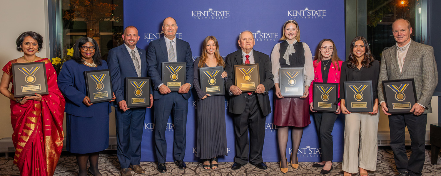 The 2023 Kent State University Alumni Award winners smile after the Alumni Awards ceremony. Pictured (from left to right) are Sonia Karkare, Danita Brown Young, Ph.D., Scott Haws, Garret Ferrara, Morgan Dawson, Thomas Iivari, Isobel Day, Haley Dees, Avery Hall and John Van Alstine. The 2023 Kent State University Alumni Award winners smile after the Alumni Awards ceremony. Pictured (from left to right) are Sonia Karkare, Danita Brown Young, Ph.D., Scott Haws, Garret Ferrara, Morgan Dawson, Thomas Iivari, Isobel Day, Haley Dees, Avery Hall and John Van Alstine.