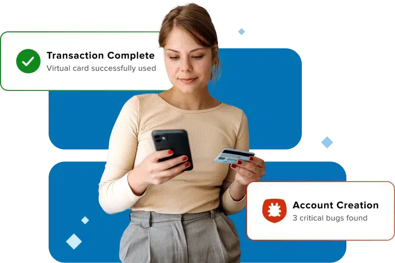 A woman using a credit card and device with bubbles showing transaction feedback.
