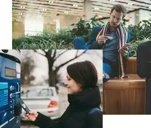 Two people using devices to purchase or pay on a kiosk.