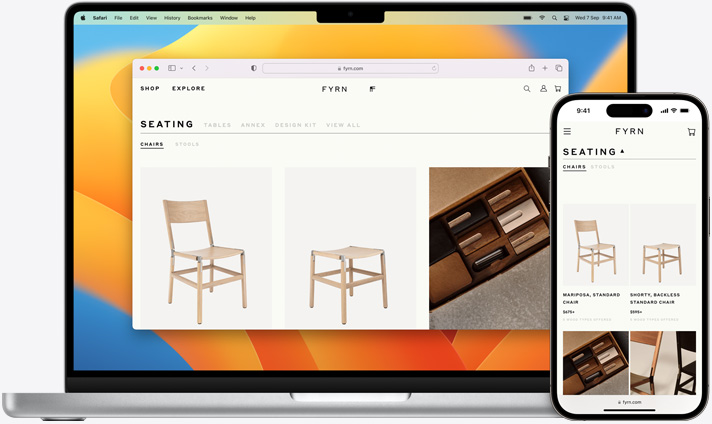 Macbook 及 iPhone 的螢幕顯示,兩部裝置正開啟同⼀個 Safari ⾴⾯
