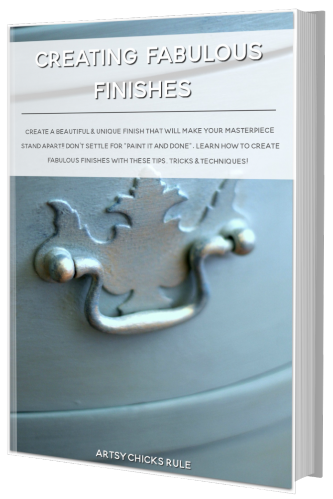 A book titled Creating Fabulous Finishes features a close-up of a decorative drawer handle on a painted wooden surface. Discover tips and techniques for unique finishing touches in this free furniture finishes ebook by Artsy Chicks Rule.