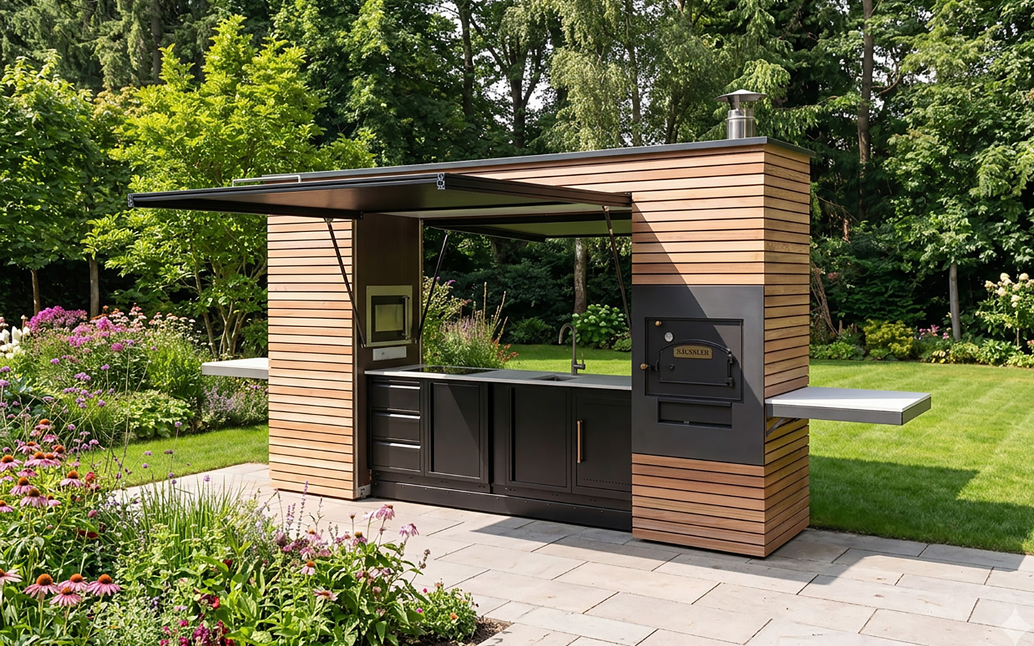 Häussler Outdoorküche Outdoor-Küche mit Waschbecken, Elektro-Steinbackofen und Holzbackofen mit Holzfassade.