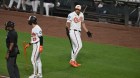 Cubs Orioles Baseball Orioles catcher Samuel Basallo, right, reacts after striking out with two runners on against the Cubs in the fourth inning of Tuesday's 5-2 loss. (Gail Burton/AP)