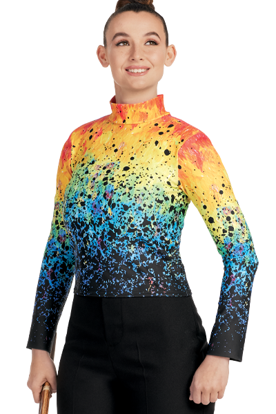 front view of a model wearing a custom printed marching top with colorful paint spatters