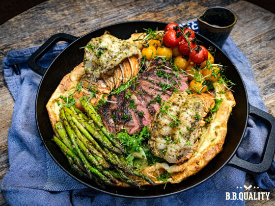 Surf en turfed dutch baby recept | Angus ribeye | Kreeftenstaart | Maikel | BBQuality