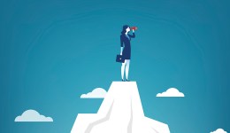 Businesswoman standing on top of the mountain using telescope looking for success. Concept business illustration. Vector flat