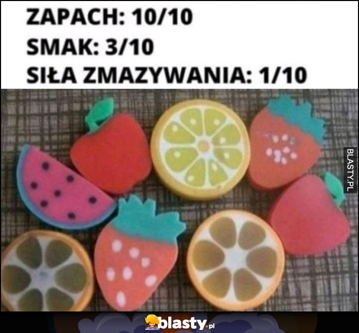 Gumki owoce do ścierania zapach 10/10, smak 3/10, siła zmazywania 1/10 Gumki owoce do ścierania zapach 10/10, smak 3/10, siła zmazywania 1/10