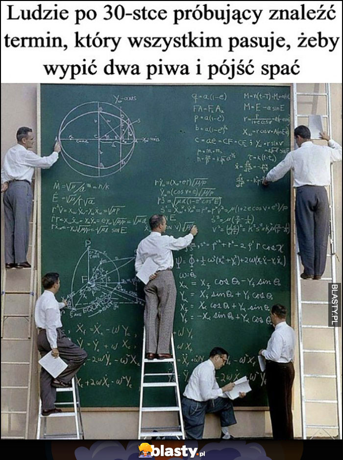 Ludzie po 30-stce próbujący znaleźć termin, który wszystkim pasuje, żeby wypić dwa piwa i pójść spać matematycy obliczenia Ludzie po 30-stce próbujący znaleźć termin, który wszystkim pasuje, żeby wypić dwa piwa i pójść spać matematycy obliczenia
