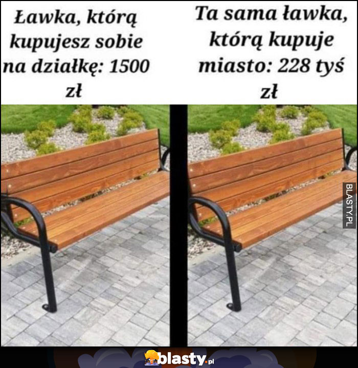 Ławka którą sobie kupujesz na działkę za 1500 zł vs ta sama ławka którą miasto kupuje 228 tysięcy Ławka którą sobie kupujesz na działkę za 1500 zł vs ta sama ławka którą miasto kupuje 228 tysięcy