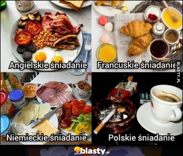 Śniadanie angielskie, francuskie, niemieckie, polskie kawa i papieros Śniadanie angielskie, francuskie, niemieckie, polskie kawa i papieros
