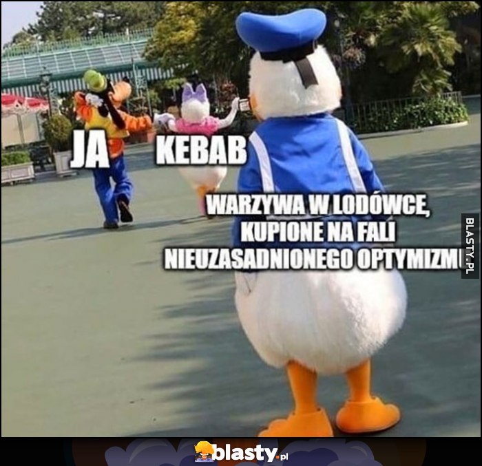 Ja, kebab idą za ręce, warzywa w lodówce kupione na fali nieuzasadnionego optymizmu patrzą Ja, kebab idą za ręce, warzywa w lodówce kupione na fali nieuzasadnionego optymizmu patrzą