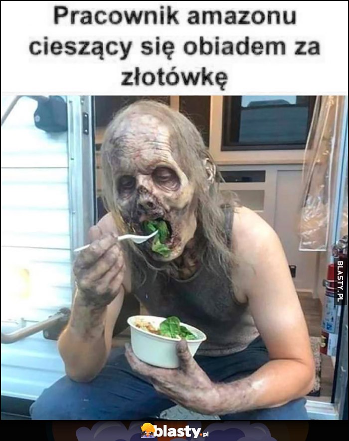 Pracownik Amazonu cieszący się obiadem za złotówkę zombie Pracownik Amazonu cieszący się obiadem za złotówkę zombie