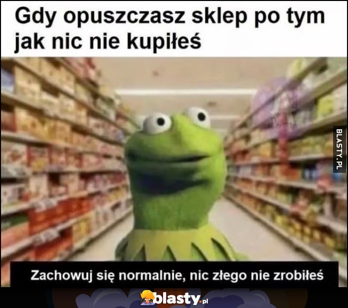 Kermit gdy opuszczasz sklep po tym jak nic nie kupiłeś, zachowuj się normalnie, nic złego nie zrobiłeś Kermit gdy opuszczasz sklep po tym jak nic nie kupiłeś, zachowuj się normalnie, nic złego nie zrobiłeś