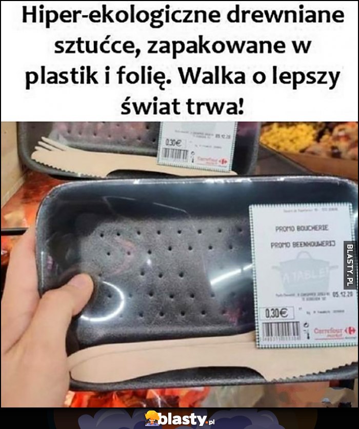 Hiper-ekologiczne drewniane sztućce, zapakowane w plastik i folię, walka o lepszy świat trwa Hiper-ekologiczne drewniane sztućce, zapakowane w plastik i folię, walka o lepszy świat trwa