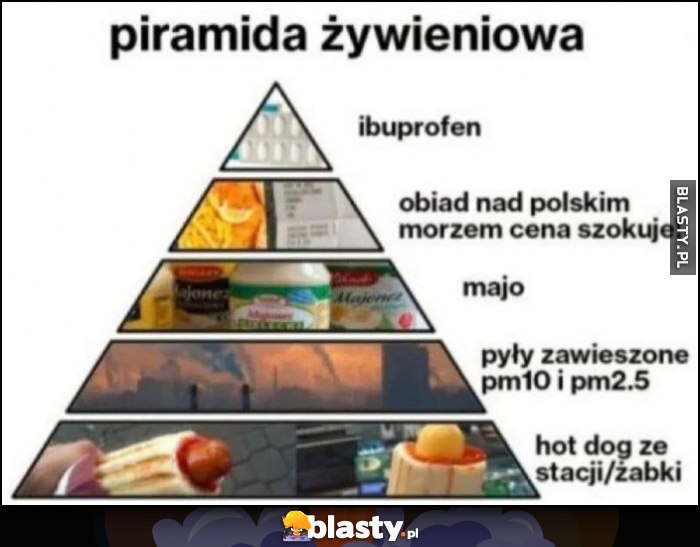 Piramida żywieniowa: ibuprofen, obiad nad polskim morzem cena szokuje, majonez, pyły zawieszone pm10 i pm2.5, hot dog ze stacji lub Żabki Piramida żywieniowa: ibuprofen, obiad nad polskim morzem cena szokuje, majonez, pyły zawieszone pm10 i pm2.5, hot dog ze stacji lub Żabki