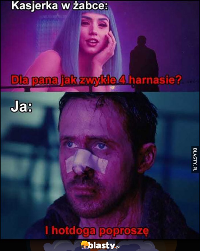 Kasjerka w żabce: dla pana jak zwykle 4 Harnasie? Ja: i hotdoga poproszę Gosling Kasjerka w żabce: dla pana jak zwykle 4 Harnasie? Ja: i hotdoga poproszę Gosling