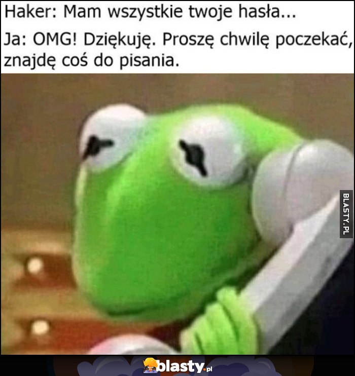Haker: mam wszystkie twoje hasła. Ja: proszę chwilę poczekać, znajdę coś do pisania Kermit Haker: mam wszystkie twoje hasła. Ja: proszę chwilę poczekać, znajdę coś do pisania Kermit