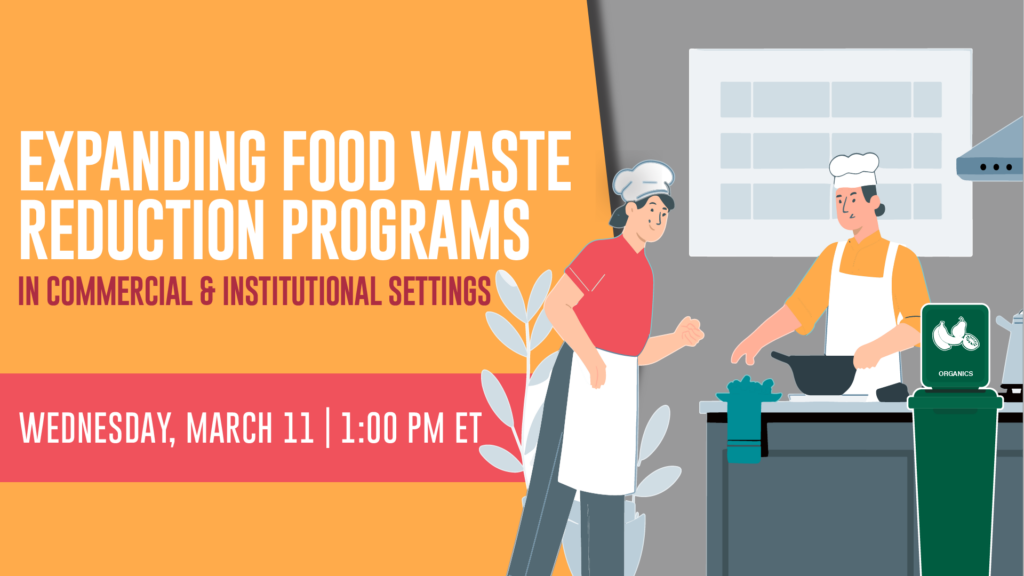 drawing of workers in a kitchen disposing of food waste in an organics bin