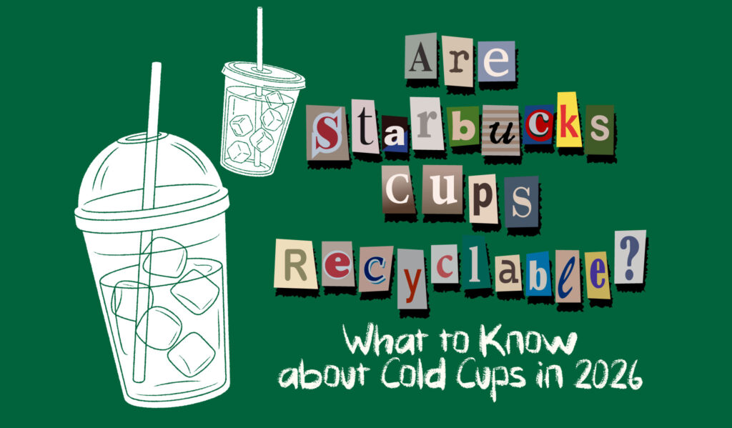 Disposable Starbucks coffee cups next to recycling and waste bins illustrating the question of whether Starbucks cups are recyclable.