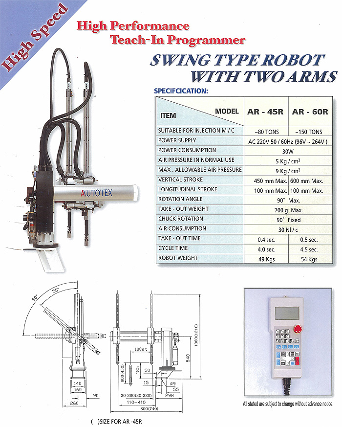 High Performance Teach-In Programmer wing Type Robot, Swing Type Robot AR Series