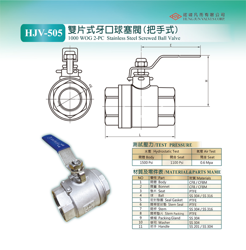 HJV-505 1000WOC 2-PC Stainless steel screwed ball valve