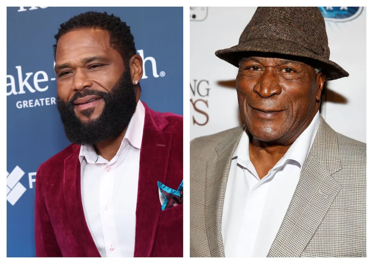 side by side photos of Anthony Anderson in a red velvet jacket and John Amos wearing a hat