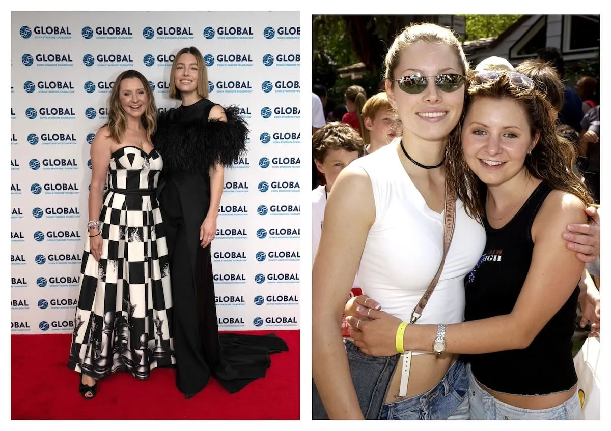 Side by side photos of Beverley Mitchell and Jessica Biel on the red carpet in 2024 and Biel and Mitchell, both wearing tank tops, embracing in the early 2000s