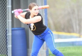 stpaulSB2 Lily McCulloch, a junior at St. Paul, is the leadoff batter for the Falcons softball team and one of three sisters who have helped the team back to the Class S state championship game Saturday at UConn against North Branford. (Photo by Lori Riley)