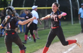 LilyJ Hale Ray pitcher Lily Jahne runs to celebrate with catcher Faith Kalisz after Hale Ray beat Coginchaug 4-3 in a Class S quarterfinal softball game at Hale Ray High School Friday. (Photo by Lori Riley)