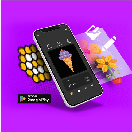 A phone app mockup with pixel art graphics on the screen.