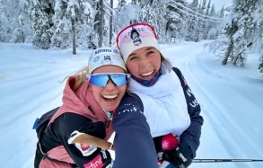 DCC-L-Jortberg-2-4-01 Lauren Jortberg, right, pictured here with multi-time Olympian Jessie Diggins, will be competing in the upcoming Milan Cortina Olympic Games in the cross country skiing classic sprint. (Photo provided by Lauren Jortberg)
