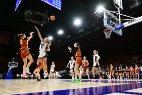 DCC-L-BBALL_1MJ5413 Mead’s Hayden Berglund, left, shoots over Green Mountain’s Addie Evans, right, during the Elite 8 game of the Class 5A Girls State Basketball Tournament on Saturday, March 7, 2026. (Matthew Jonas/Staff Photographer)