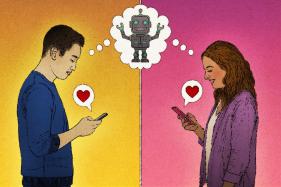 US-AI-Dating-Advice An illustration of two people looking at a dating app and thinking about a robot.