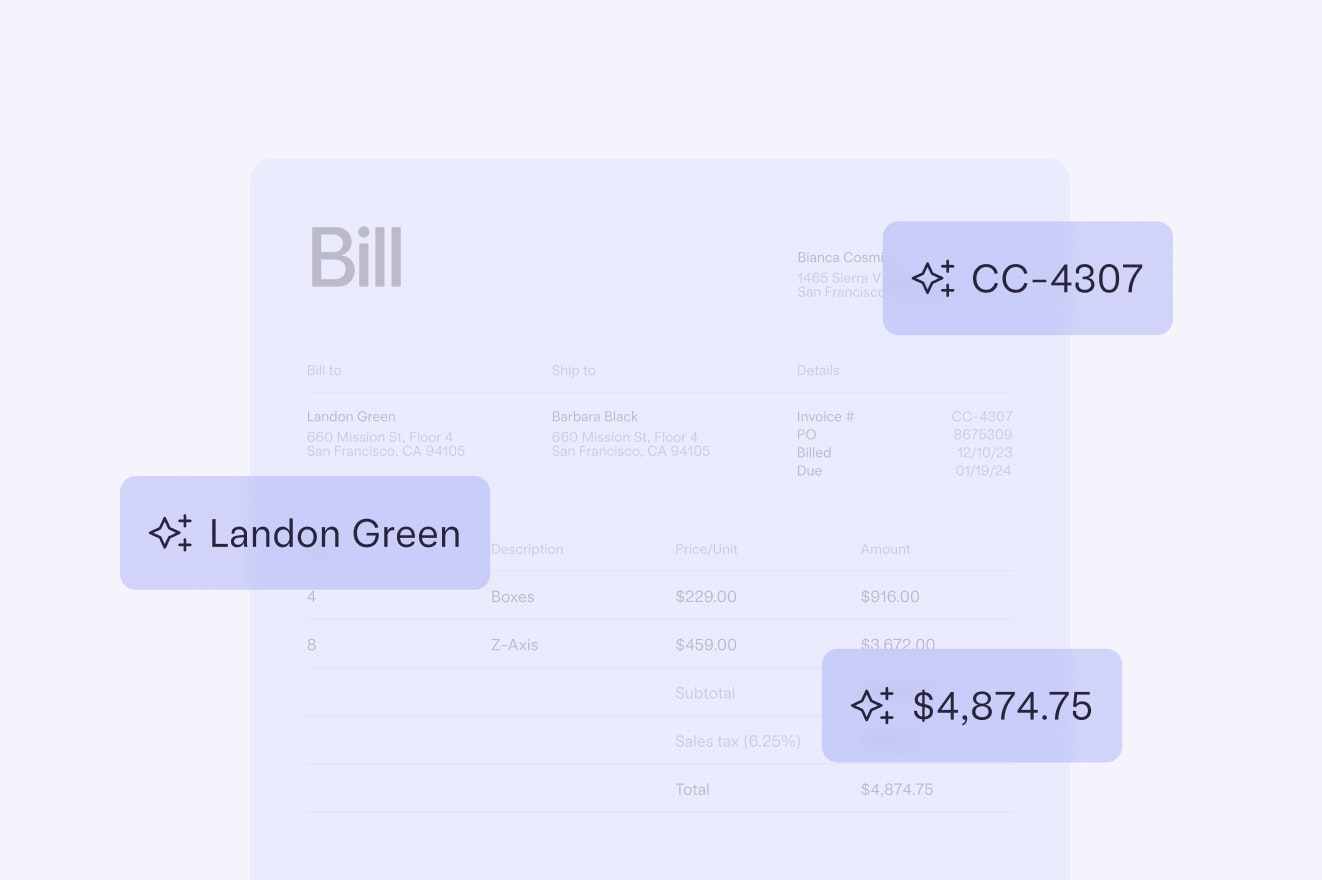 Fictional invoice highlighting three specific items: Item 1 - credit card number, item 2 - name, item 3 - total amount