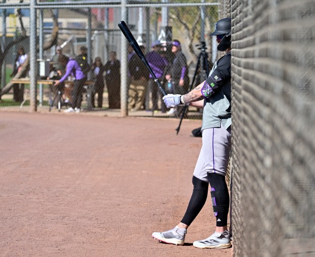 Colorado Rockies outfielder Brenton Doyle (9) prepares to head to...