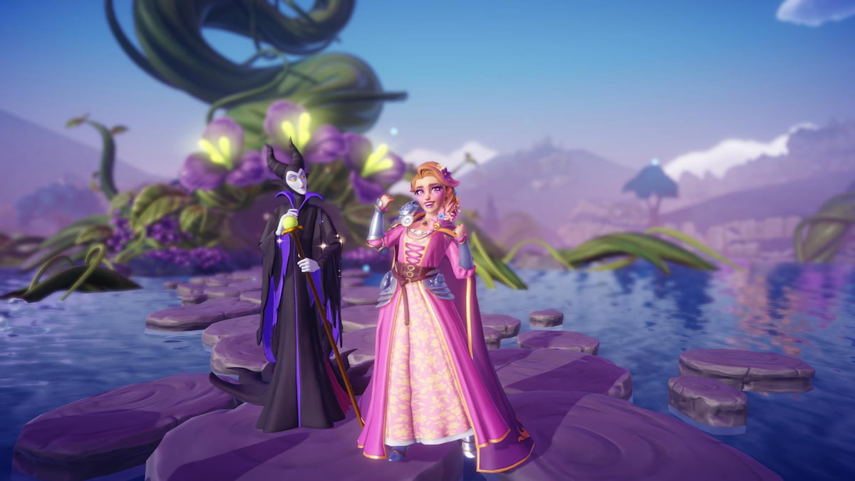 Standing with Maleficent on a stone bridge in disney dreamlight valley