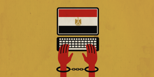 shackled hands on keyboard, with Egypt flag