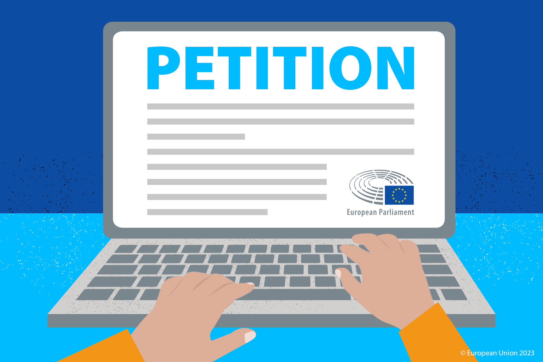 Person submitting a petition to the European Parliament writing on a laptop