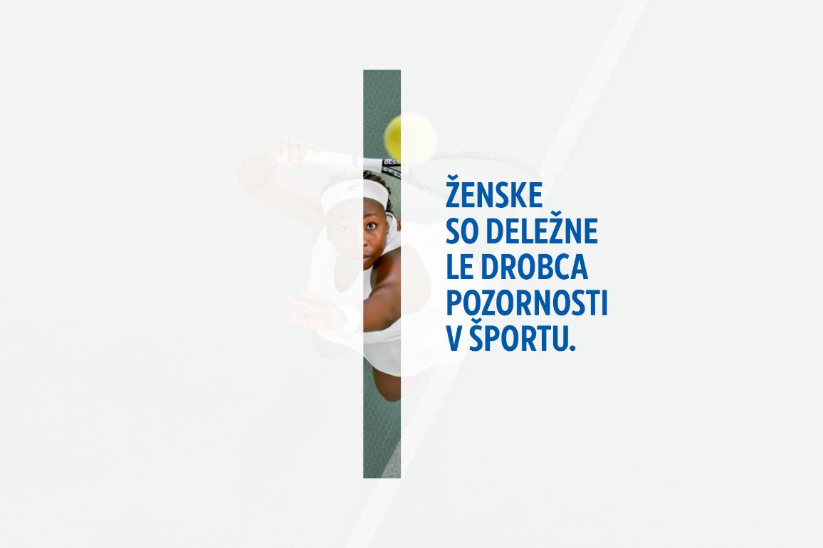 Plakat ob mednarodnem dnevu žena, ki prikazuje teniško igralko in stavek: Ženske so deležne le drobca pozornosti v športu.