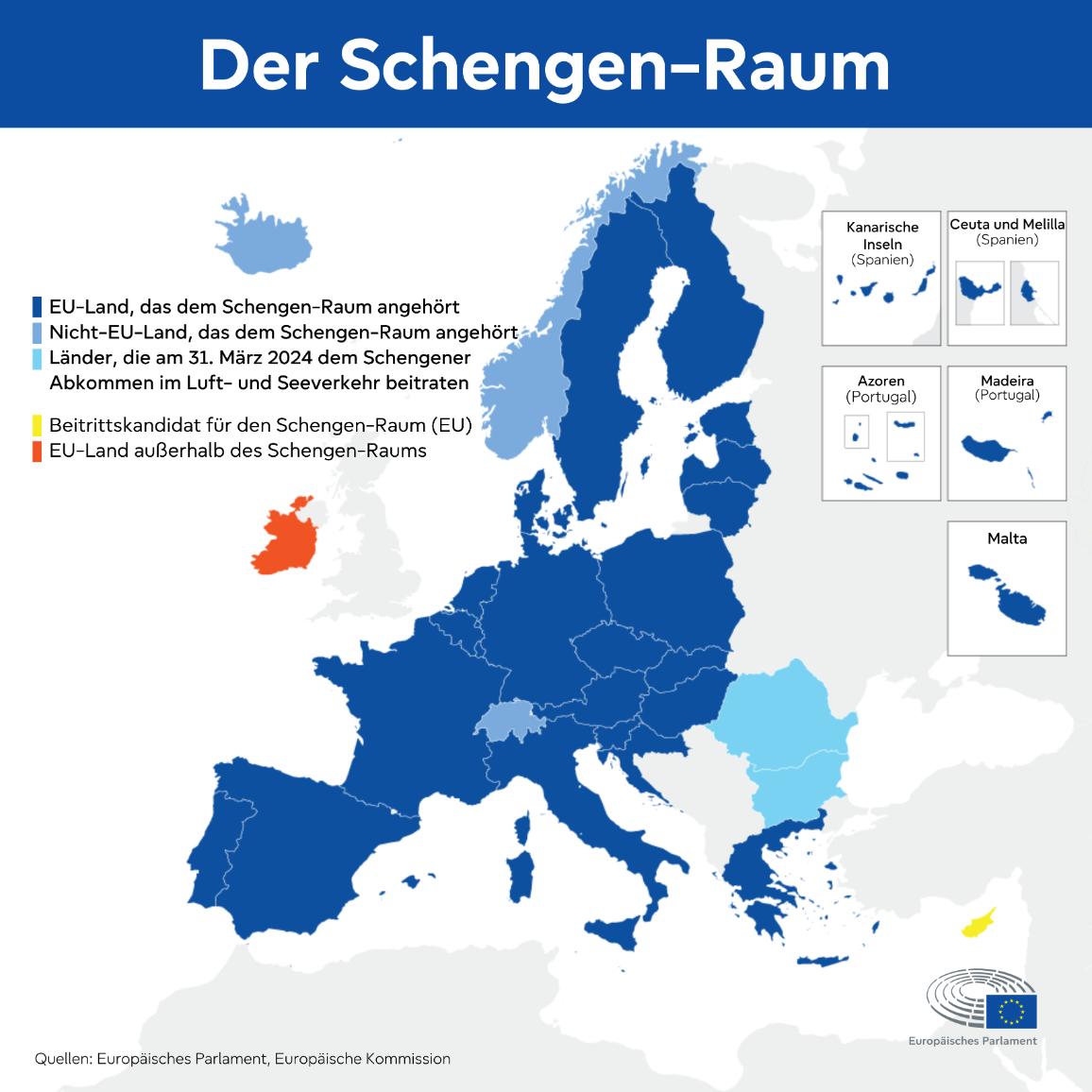 Karte des Schengen-Raums mit den derzeitigen Mitgliedern, den EU-Mitgliedstaaten, die nicht zum Schengen-Raum gehören, sowie den Kandidatenländern.