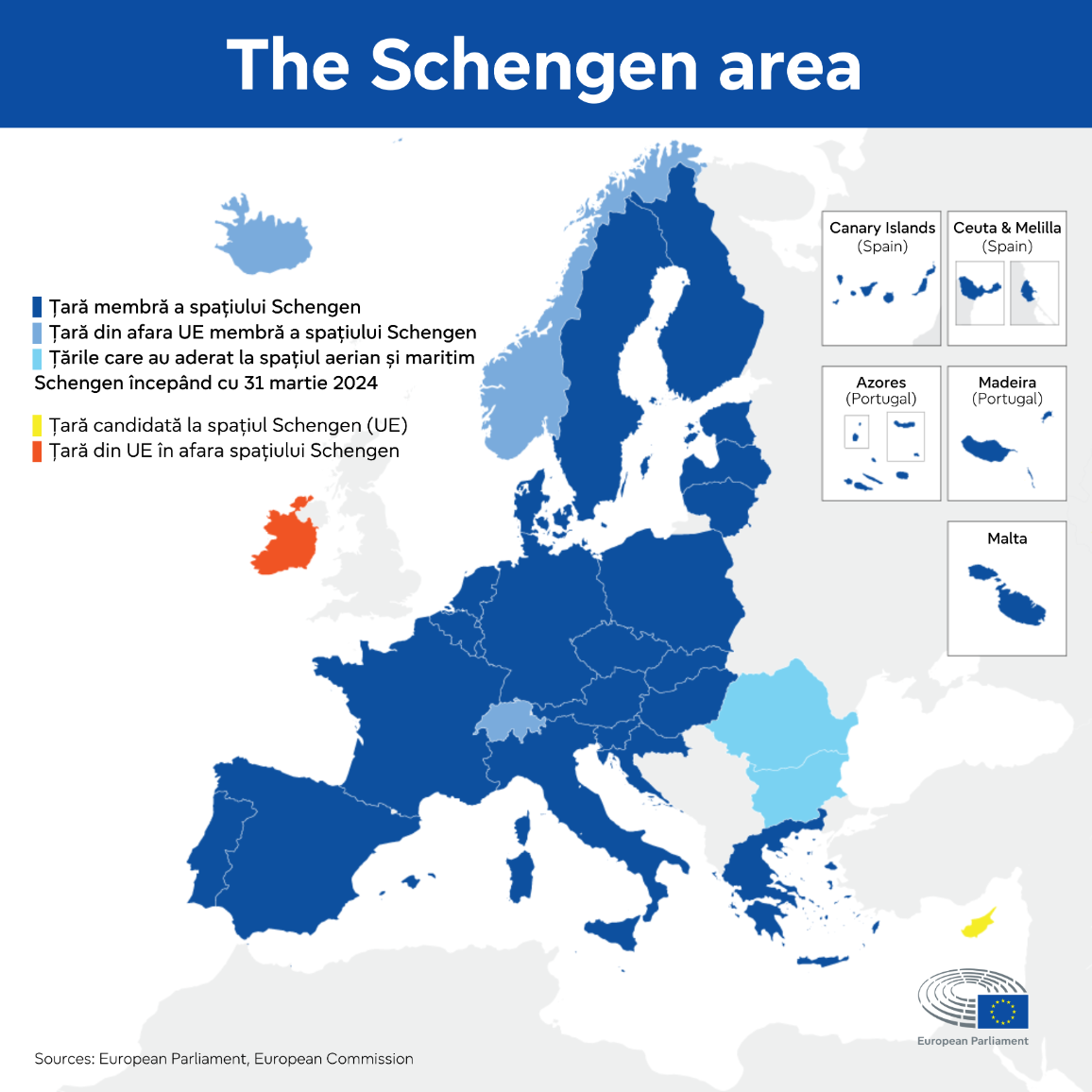 Map on the Schengen area, showcasing its current members, the EU member state which isn't part of it, and the candidate country.