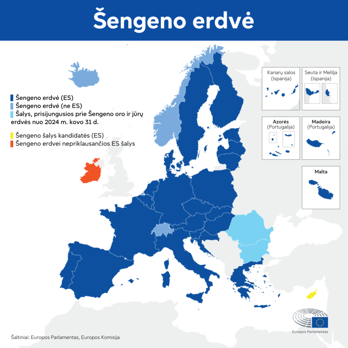 Žemėlapis, vaizduojantis Šengeno erdvei priklausančias ir nepriklausančias ES ir ne ES šalis, taip pat šalis kandidates.