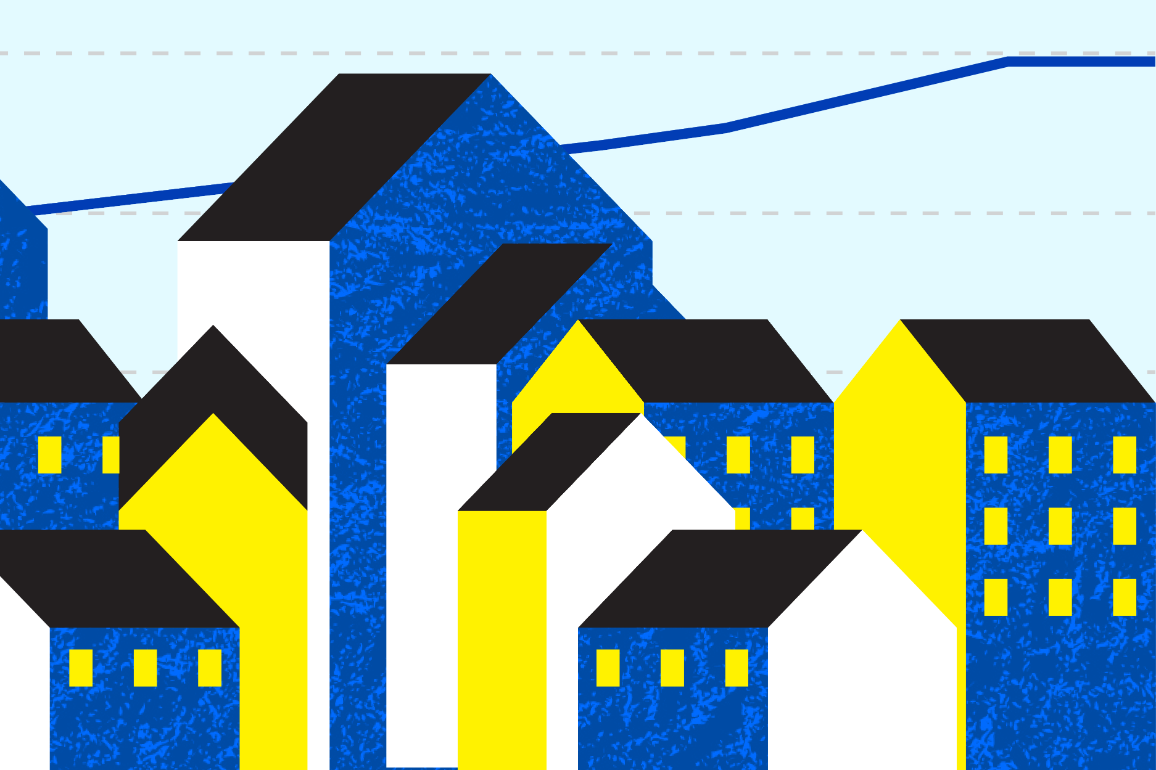 Illustrazione di case con una linea di tendenza ascendente, che simboleggia un aumento.