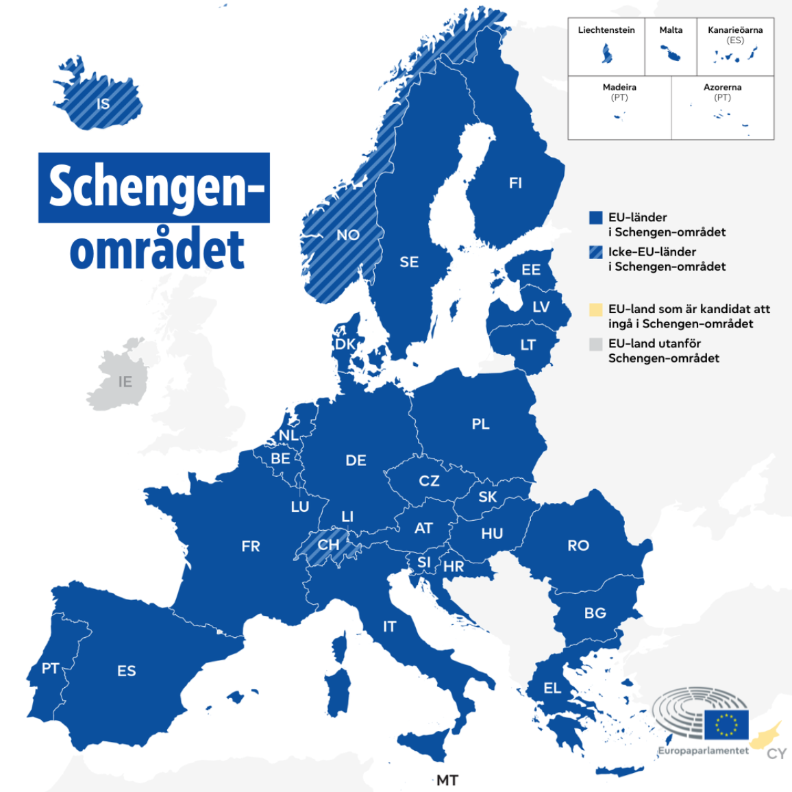 Karta över Schengen-området.