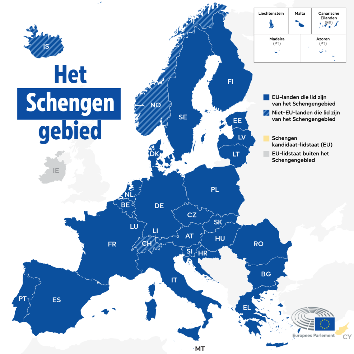 Een kaart met de Europese landen die lid zijn van de paspoortvrije Schengenzone.