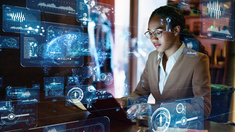 analyst in suit reviews data with many screens showing charts and analyses