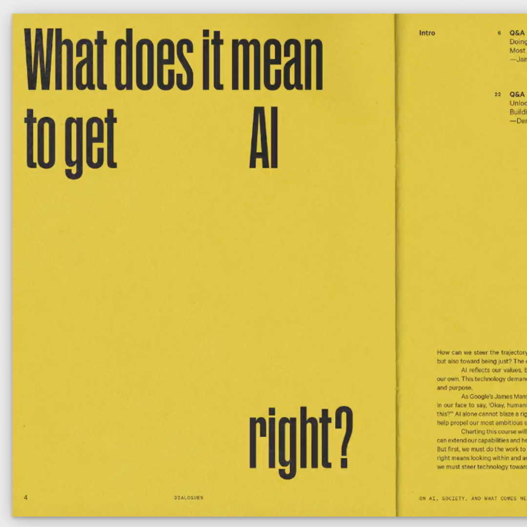 A yellow background with the words "What does it mean to get AI right?"