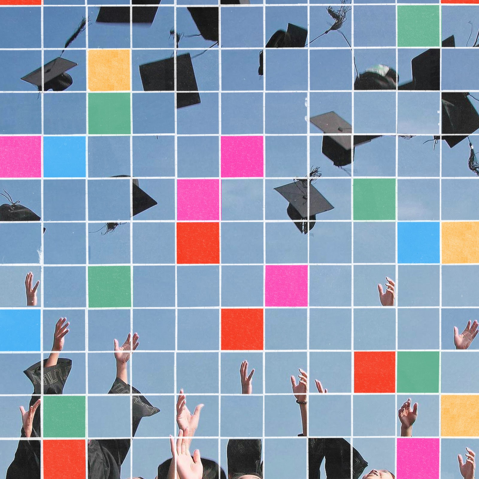 A multicolored grid overaid on a photo of graduates throwing their caps in the air